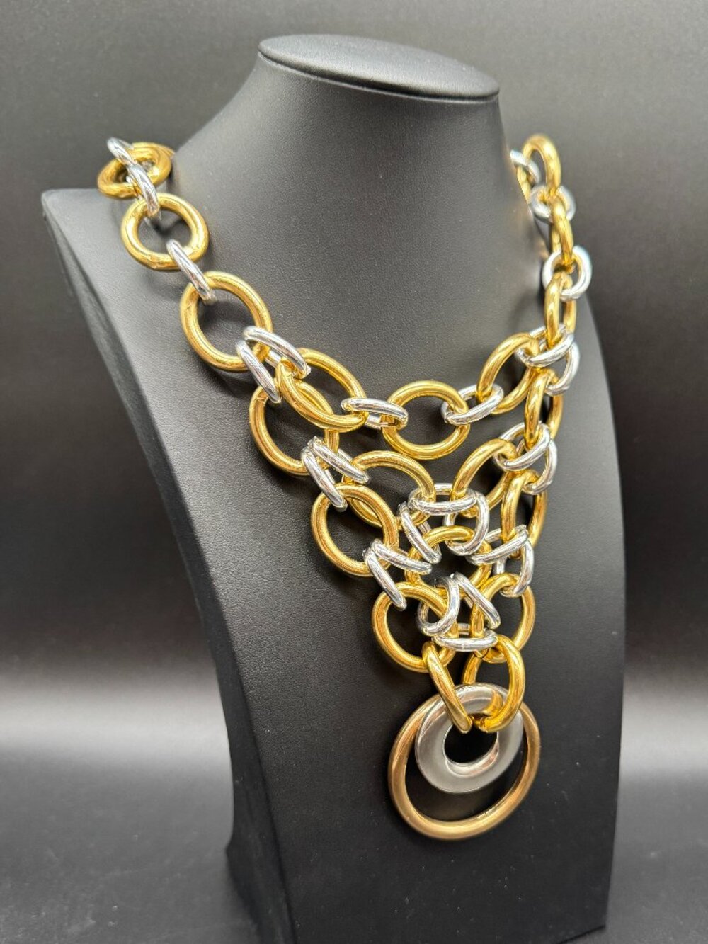 Statement Necklace Chunky Metal Chain Links Gold & Silver Tones Light Weight 14"